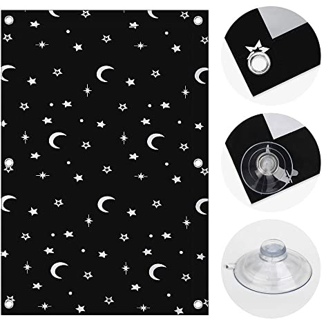 OBdeco Thermal Roller Blind, 100% Blackout Sun Protection, Blackout Roller Blind for Skylights, Heat Protection, No Drilling with Suction Cups (Moon Stars, 116 x 120 cm for UK08)