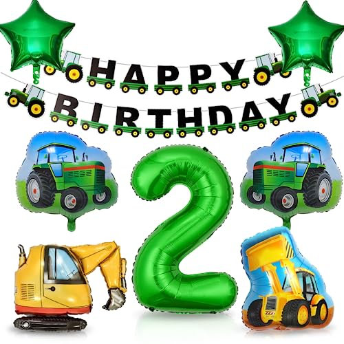 Traktor Geburtstag Geko 2 Jahre,Geburtstagsdeko 2 Jahre Junge, Traktor Luftballon 2 Jahre,Luftballon Traktor Deko Kindergeburtstag,Grün Folienballon Traktor Bagger 2 Jahre für Jungen Party Dekoration