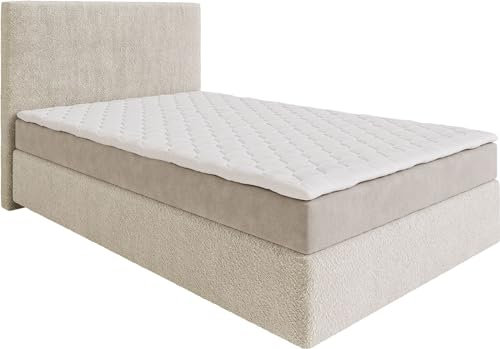 DELIFE Boxspringbett Dream-Well Bouclé Creme-Weiß 120x200 cm mit Matratze und Topper