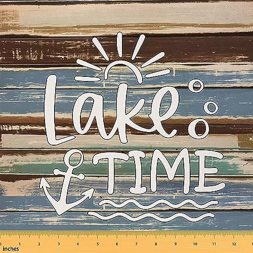 Dekorativer wasserdichter Outdoor-Stoff für den Außenbereich, ca. 91 cm, Motiv: Happy Camping, Lake Time, Stoff, Vintage, Holzdielen, Polsterstoff für Stühle, Outdoor, Stoff, Anker, Dekoration,