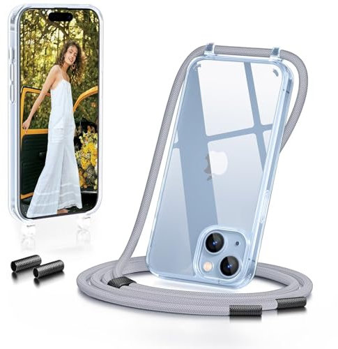GOODVISH Handykette für iPhone 15 Hülle mit Band | Kameraschutz und Bildschirmschutz | | Necklace Handyhülle mit Schnur Schutzhülle für zum Umhängen | Transparent Case mit Kordel, Silber