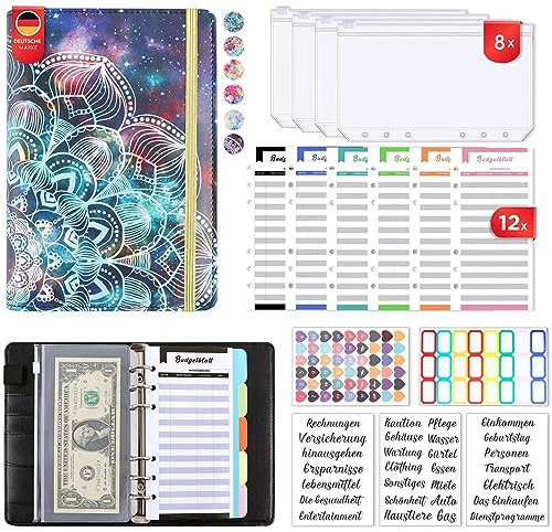 Budget Planner Deutsch ,A6 PU Leder Budget Binder Cash Stuffing,Geld Organizer Sparen Mappe Einschließlich 12 Budgetplaner,12 Klaren Geldumschlägen,14 Monatliche Planer,60 Haftnotizen (Typ 4)