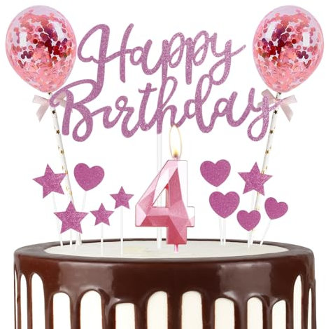 mciskin Pink 4th Birthday Decorations for Girl,3D Number 4 Candle for Cake,Pink Cake Toppers for Girl,Glitter Happy 4th Birthday Cake Toppers for Party Decorations Supplies