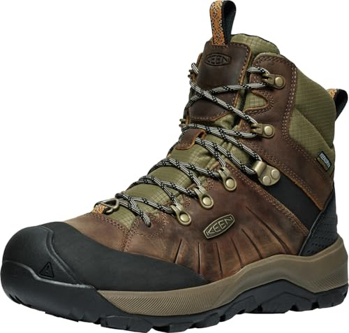 KEEN Men's Revel 4 Mid Height Polar Insulated Waterproof Snow Boots, Bison/Orange Pepper, 10