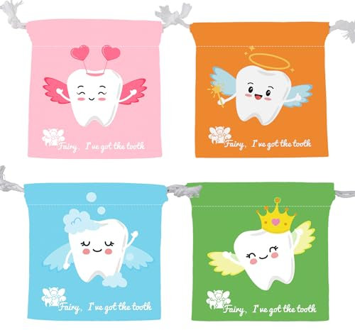 4 Stück Zahnfee Beutel, Lustig Zahnfee Tasche Milchzahnbehälter Halter für Jungen und Mädchen zum Platzieren unter Dem Kissen Kordelzug Zahnetui für Kinder Babyparty Geburtstag