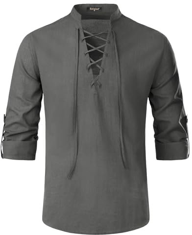 Enlision Mens Cotton Linen Shirt Long Sleeve Lace Up Medieval Costume Casual Scottish Ghillie Shirt for Halloween Cosplay Viking Pirate Grey 2XL