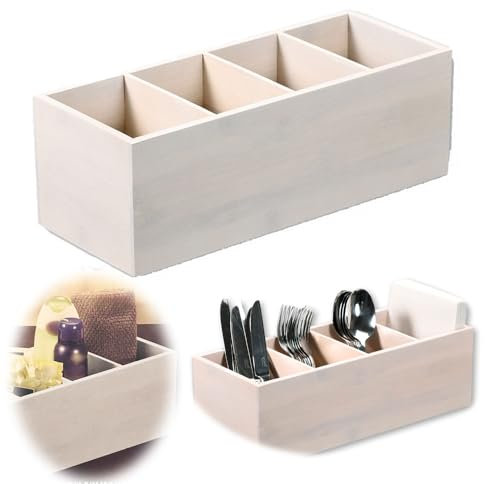 LS-LebenStil XL Landhaus Holz Aufbewahrungsbox 34cm FSC 4 Fächer Cutlery Stiftebox Besteckkorb Aufbewahrung Makeup Pinsel Organizer Stiftehalter Küchenutensilienhalter