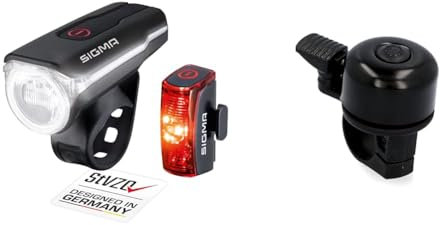 SIGMA SPORT - LED Fahrradlicht Set Aura 60 und Infinity | StVZO zugelassenes, akkubetriebenes Vorderlicht und Rücklicht & Fischer Mini Fahrradglocke, schwarz, One Size
