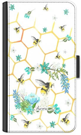 Personalised Phone Case For Apple iPhones, 16, 15, 14,13, 12, 11, Pro Max, Mini, XR, XS, SE, Custom PU Leather Flip Phone Cover, Blue Flower Honey Bee Phone Case with Name