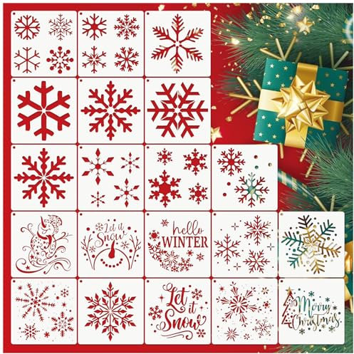 20 Stück Weihnachten Schneeflocke Schablone Wiederverwendbare Schablonen Kunststoff Let it Snow Urlaub Schablonen für Fenster Glas DIY Handwerk Wand Fußmatte Holz (20 Schneeflocken)