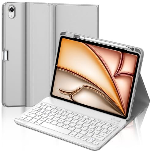 IVEOPPE Funda Teclado iPad Air 11 (M2 2024/M3 2025), Cover con Teclado Español Ñ Bluetooth Magnética Desmontable para iPad Air M2 2024/M3 2025 11 Pulgadas, Gris Claro