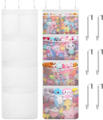 Lifewit Over Door Toy Storage, 2 Pack Stuffed Animal Organiser with 5 Expandable Mesh Pockets, Breathable Hanging Kid Plush Net Hammock Baby Toy Holder for Wardrobe, Nursery, Bedroom, Bathroom, White