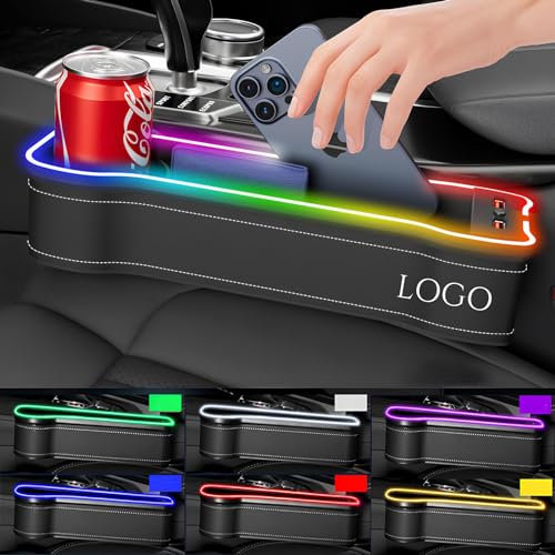 Car Leather Cup Holder Gap Bag, Custom LED Seat Gap Storage Box with Car Logo, Adjustable Car Seat Storage Box, LED Leather Car Seat Gap Organizer, for Glasses Phones Keys and Cards