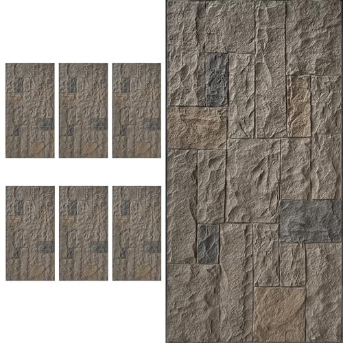 6pcs PU Material Rock 3D Wall Panels, Interior Exterior Artificial Faux Pu Stone Wall Panels, Decorative Accent Wall Covering Panels for Porch Garage(Brown)