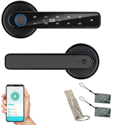 Fingerprint Door Lock, 5 in 1 Smart Door Knob with Smart APP/Fingerprint/IC Cards/Password/Backup Keys, Fingerprint Door Knob with Keypad for Bedroom, Office, Apartment