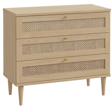 FORTE CALASETTA Kommode 150, Kommode im Boho Stil, Wiener Geflecht, Sideboard mit 3 Türen, Elegancia Eiche Holzdekor/Technorattan, 150 cm breit x 90 cm hoch x 41 cm tief