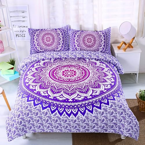 Bettwäsche 220x240 Boho Lila Mandala Blumen Bettbezug 2 Kissenbezüge 80x80