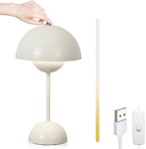 Yuragim Pilzlampen Tischlampe, LED Tischlampe Kabellos Akku, 3000k-6000k Moderne Dekorative Retro Nachttischlampe Touch Dimmbar Tischleuchte Pilz Lampe​ Mit 3 Helligkeitsmodi, Aufladbar Flowerpot Lamp