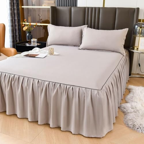 Jupe de Lit Cache Sommier 180x200 Gris Clair Couleur Unie Fibre de Bambou et 2 Taie d Oreiller, Drap-Housse 2 Personnes à Volants avec Elastique Matelas Épais