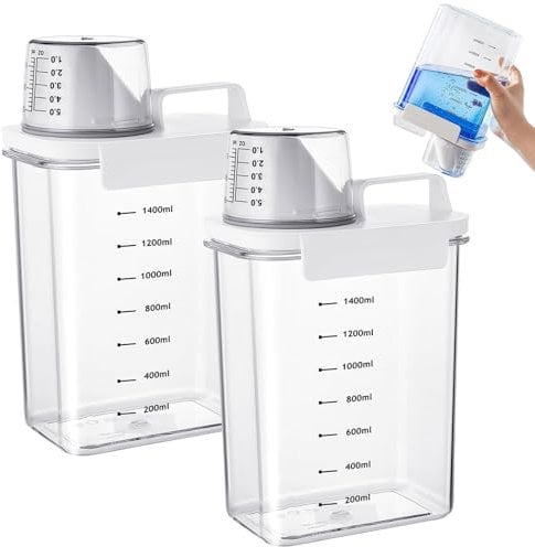 Dispensador de Detergente, 2 Piezas 1800ml de Dosificador de Detergente Hermético con Vaso Medidor, Caja de Almacenamiento de Detergente en Polvo, Botellas Vacías en Polvo, para Suavizante