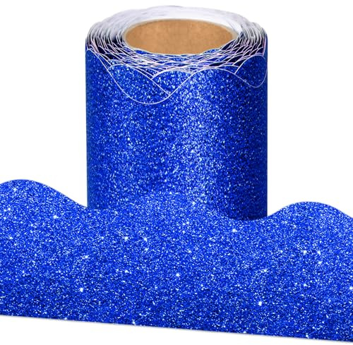 Leezead 32.8 Feet Dark Blue Glitter Bulletin Board Borders, Glitter Dark Blue Scalloped Border Trims Shiny Sparkle Self-Adhesive Bulletin Stickers for Classroom School Home Office Decor