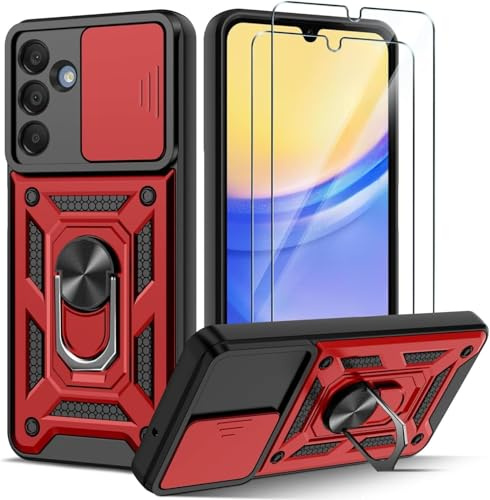 PIXFAB for Samsung Galaxy S25 Case with 2 x Screen Protector Tempered Glass, Shockproof Case with Camera Lens Protection, Protective Ring Armour Phone Case Cover with [Kickstand] - Red