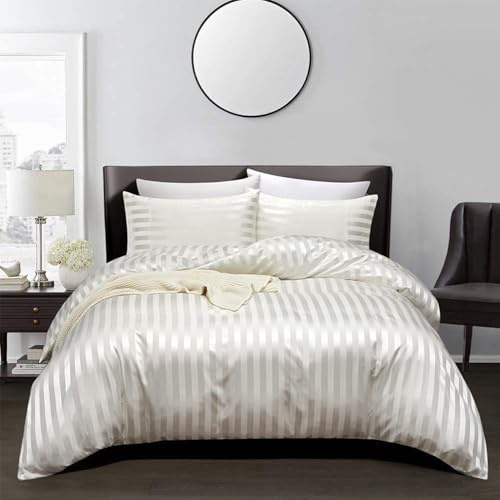 Satin Duvet Cover Sets with Elegant Beautiful Striped Pattern, Italian Style Luxury Silky Soft White Satin Bedding Set Moisture-wicking 3 Piece King Size Satin Duvet Cover Sheets for All Seasons