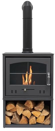 OKO S4 - Stufa a bioetanolo con contenitore per legna in grigio antracite con tubo alto ad angolo