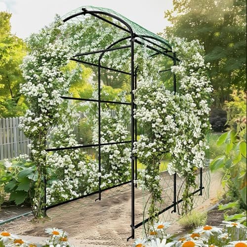 UNHO Tall Garden Arch Trellis for Climbing Plants, Outdoor Metal Plant Support Archway Garden Arbor Tunnel for for Vegetables Plant Cucumber Trellis with Netting Large