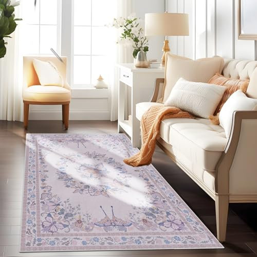 Teppich Läufer Flur 80x150cm, Teppichläufer Waschbarer Teppiche Küchenläufer, Blumen Design Teppich, Vintage Teppiche Weich rutschfest Design für Korridor, Schlafzimmer, Esszimmer, Küchen- Rosa