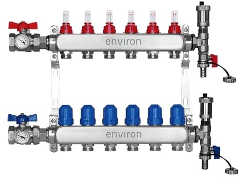 ENVIRON - Heating Circuit Distributor [2-12 Heating Circuits] with Ball Valve Set and Quick Vent Set | Heating Underfloor Heating (6 Heating Circuits)