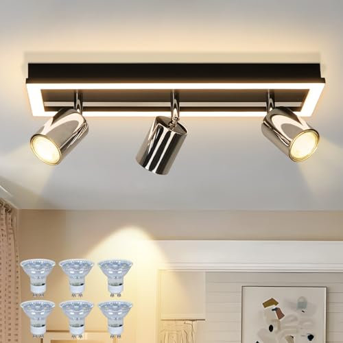 meoaow LED Deckenstrahler 3 Flammig Deckenleuchte: 15W+6x5W GU10 Deckenspots Schwarz Küche Modern Schwenkbar Küchenlampe Strahler Warmweiß Deckenlampe 42CM für Flur Küche Büro Wohnzimmer Schlafzimmer