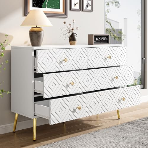 Azkoeesy Kommode 120 cm, Sideboard mit 6 Schubladen, Stilvoll Elegantes Design, mit goldenen Metallbeinen, für Schlafzimmer & Wohnzimmer (Weiß)