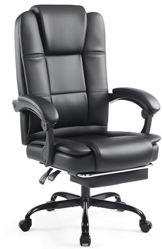 T-THREE.High-back ergonomic office swivel chair, executive seat with tilt function, PU leather gaming chair, supports up to 150kg,With footrest(Black)