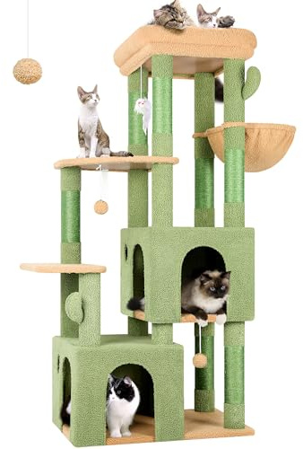 Globlazer Tiragraffi Cactus Verde per Gatti Adulti Stabile con Grandi Base 72cm*45cm, 2 Grotta, Piattaforma Imbottiti, Cesto, Albero Tiragraffi Alto 156 cm per Gatto Riposare Giocare (F61, Verde)