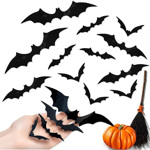 LIANRISES 120 Pezzi Halloween Pipistrelli Adesivi 3D per Parete, 4 Misure Riutilizzabile Nero Decorazione, per Bar, Finestra Muro Porta di Casa, Forniture per Feste Faidate, Nastro Biadesivo Incluso