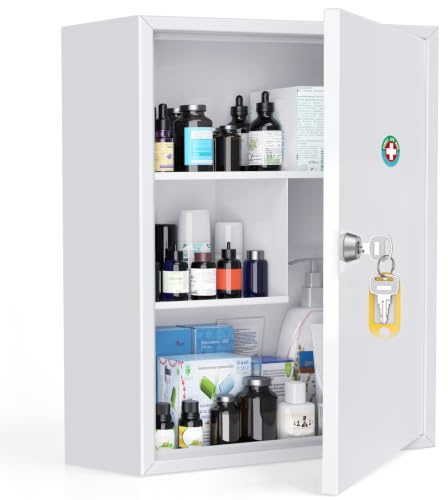 Uniclife Wall Mount Medicine Cabinet with Key Lock, Locking First Aid Cabinet, Lockable Medical Cabinet, Large Capacity Medicine Organizer, Secure Steel Wall Cabinet Metal Storage Box, White | wall mount medicine organizer, security lock with keys, sturdy steel construction, large capacity box for home, office&school
