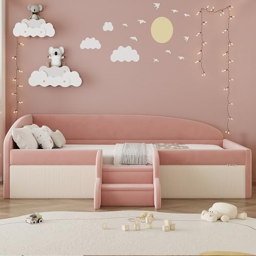 NADEUSAK Polsterbett Sofabett, 90x190cm Rosa+Cremeweiß, Multifunktionsbett, Mit Stufen und Zäunen, Hautfreundlicher Samtstoff,ohne Matratze