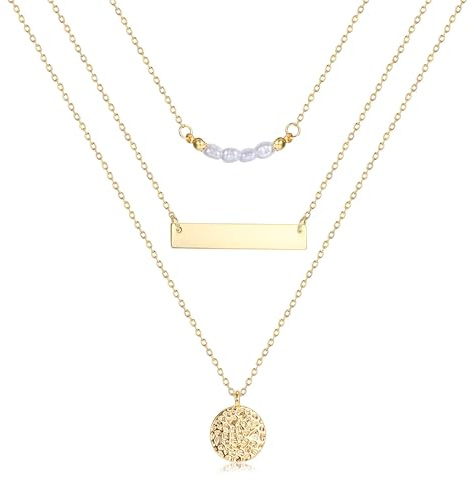 BodyBonita 2/3Pcs Layered Necklaces for Women, Dainty 16K Plated Gold Necklace Chain, Silver Boho Pendant Necklace Stack Set Adjustable Jewellery
