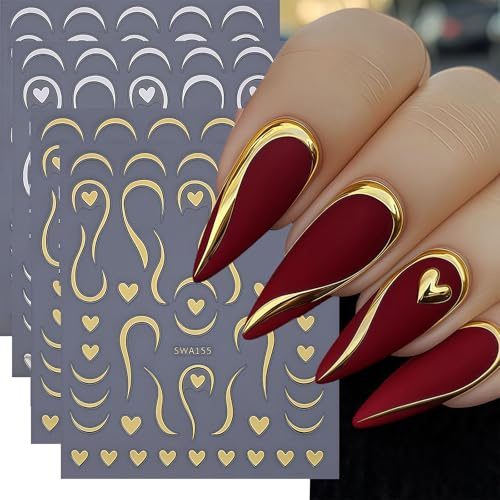 Zosutetoxo Stickers, 6PCS self-adhesive heart nail stickers, 3D gold silver line nail art decals as nail design accessories for women
