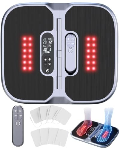 Aokitec EMS Fußmassagegerät mit Rotlicht & Fernbedienung | Faltbares Massagepad mit 8 Pads zur Muskelstimulation und Entspannung für Fuß und Bein. Ideal für Zuhause & Büro