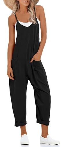 Omoone Womens Dungarees Sleeveless Loose Overall Long Jumpsuit Playsuit | Cotton, V-Neck, Spaghetti Straps, Wide Leg Pants, Side Pockets, Maternity-Friendly, Beach Vacation, Summer Casual Loungewear