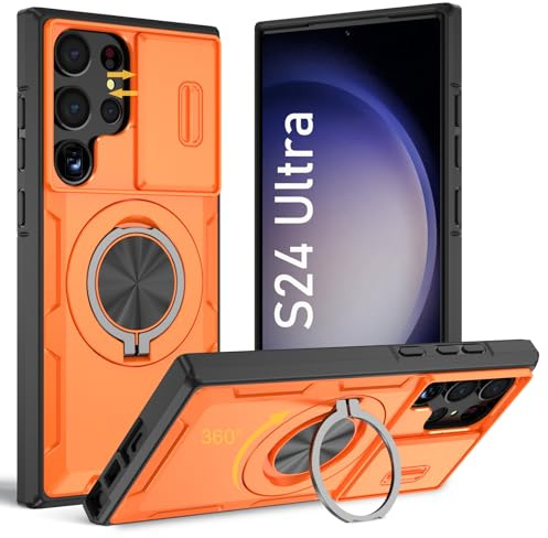 IMEIKONST Slide Camera Case for Samsung Galaxy S24 Ultra Orange ZJTC | Military Grade Drop Protection Shockproof, 360° Rotating Kickstand, Magnetic Car Mount, Rugged Hard Back & Silicone Edge