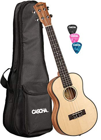 CASCHA Tenor Ukulele, Massive Fichtendecke, Solid Top, Hawaii Gitarre Set mit Aquila-Saiten, Zubehör, Tasche und 3 Plektren