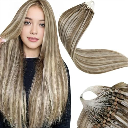 LaaVoo Micro Loop Hair Extensions Real Human Hair Blonde Remy Straight Highlight Light Brown & White Blonde Invisible Micro Ring Hair Extensions 50g 50s 16 Inch #p8/24
