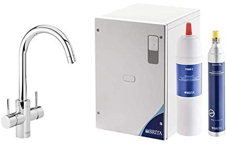 BRITA Küchenarmatur yource pro select (Chrom, rund) inkl. 1 x yource CO2-Zylinder und 1 x BRITA P 3000-S Filterkartusche – Küchenarmatur zum Filtern und Sprudeln von Wasser direkt aus der Leitung