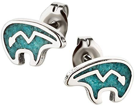 Ohrstecker Ohrringe Bär Silber 925 Sterling Türkis Inlay als Ohrschmuck mit kleiner Schmuckbox - 7K - Indianer Schmuck Geschenke für Damen, Mädchen, Jungen, Kinder und Herren