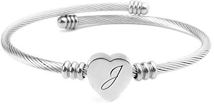 ShopINess Damen Armband mit Buchstabe A-Z Herz Armband Silber aus Edelstahl, Offenes Verstellbares Armband, Personalisierter Schmuck Geschenk für Mama Tochter Freundin oder Partnerin (J)