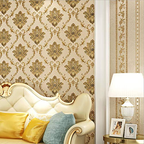 Europäischer Stil PVC-Tapete AB Damast Blume 3D Schnitzerei Handwerk Schlafzimmer Wohnzimmer Sofa TV Hintergrund Wand Geschäft Dekoration Restaurant Hotel 1.73'W x 32.8'L Nicht Geklebt(Olive A)