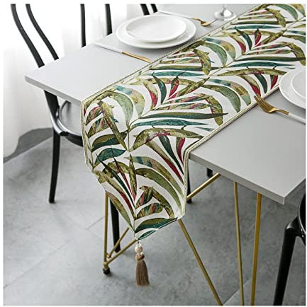 Aotiwe Tischläufer mit Fransen, Boho Tischläufertischläufer Grün Blatt Tischband Aus Polyester Tischläufer 220 cm Lang x 32cm